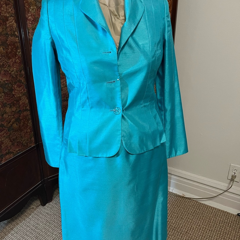 Le Suit Teal Skirt Suit